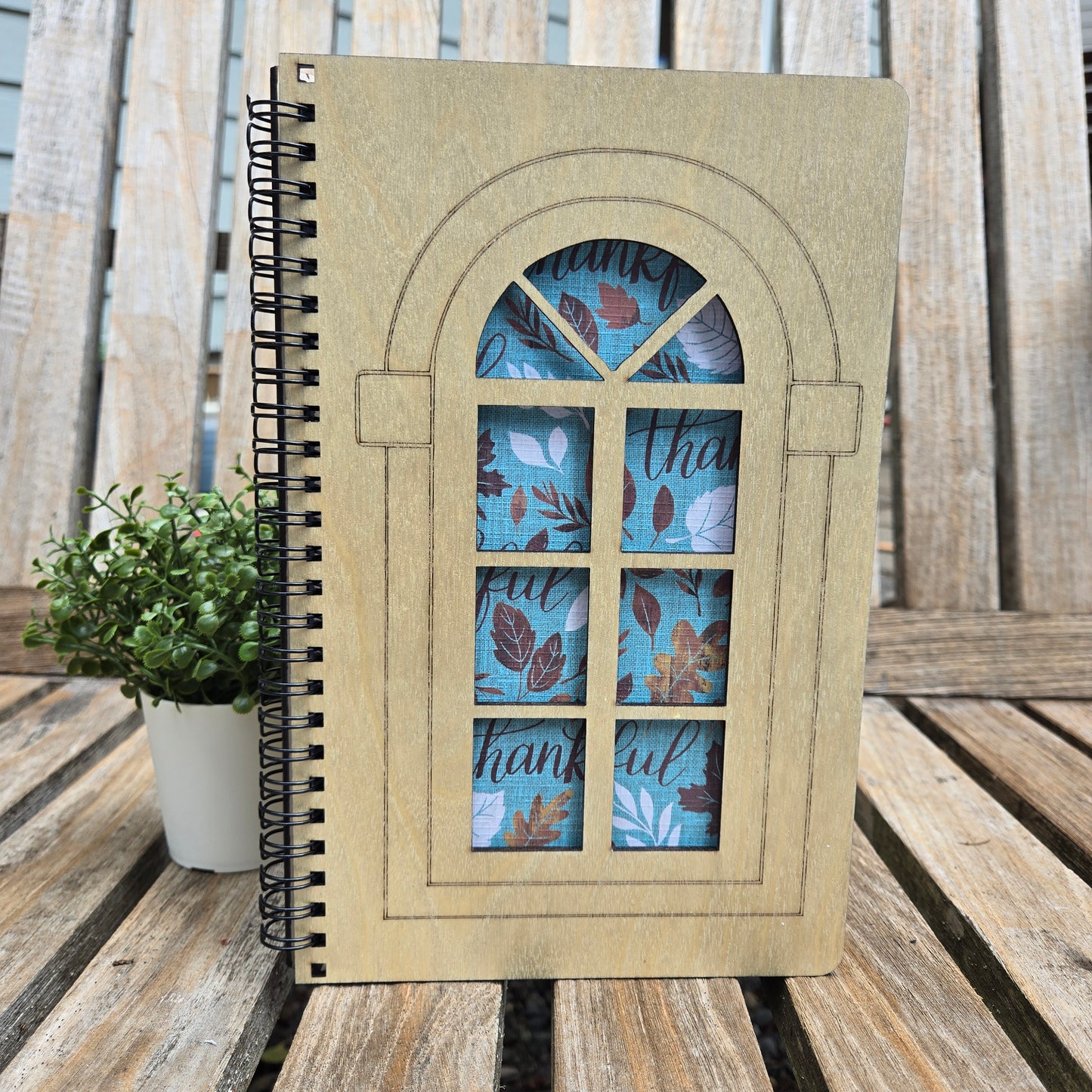 Window View of Thankfulness - Spiral Notebook with Wood Cover