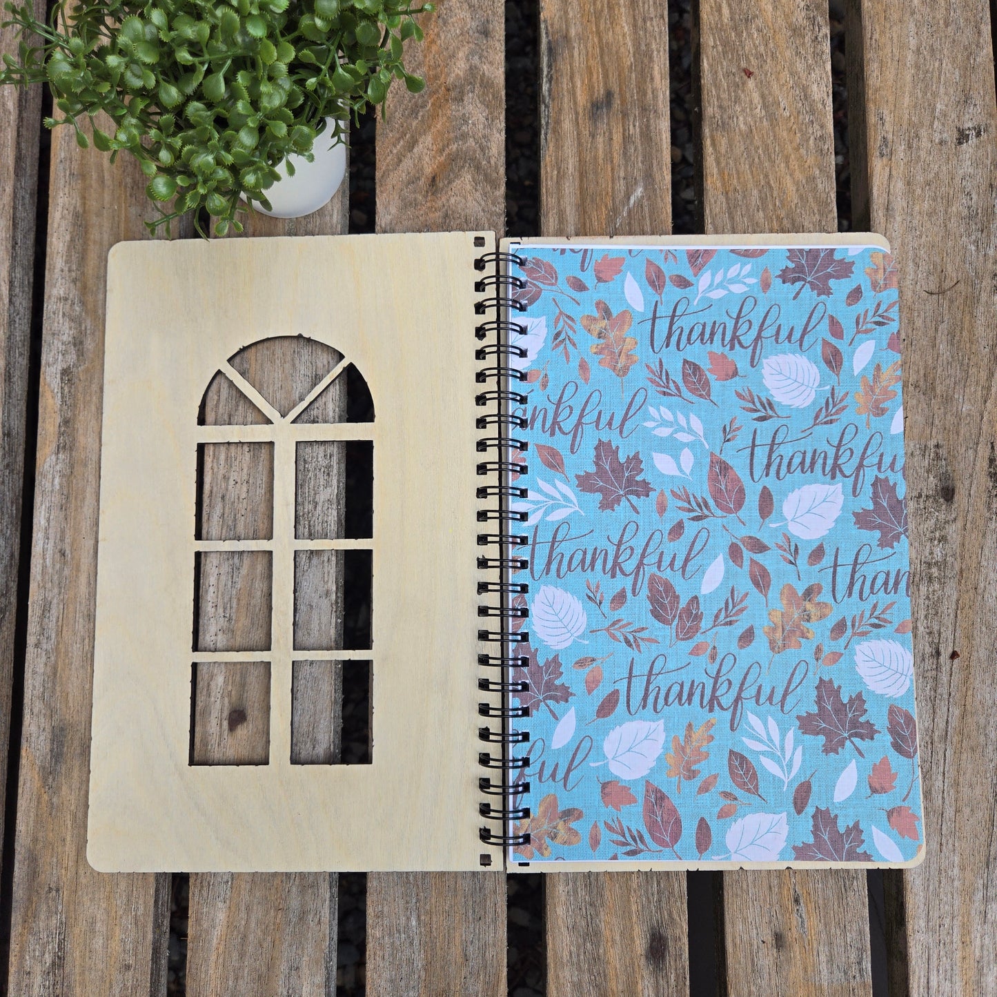 Window View of Thankfulness - Spiral Notebook with Wood Cover