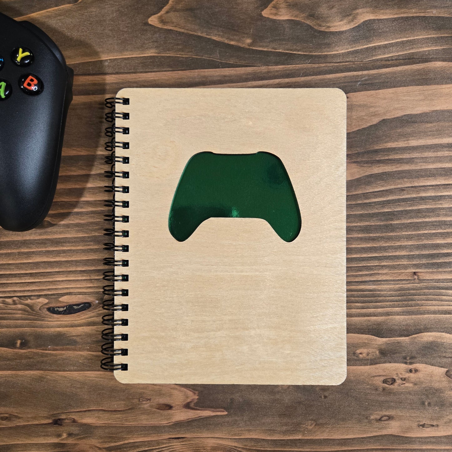 Game Controller Xbox Inspired (Green) - Spiral Notebook with Wood Cover
