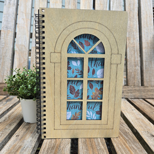 Window View of Thankfulness - Spiral Notebook with Wood Cover