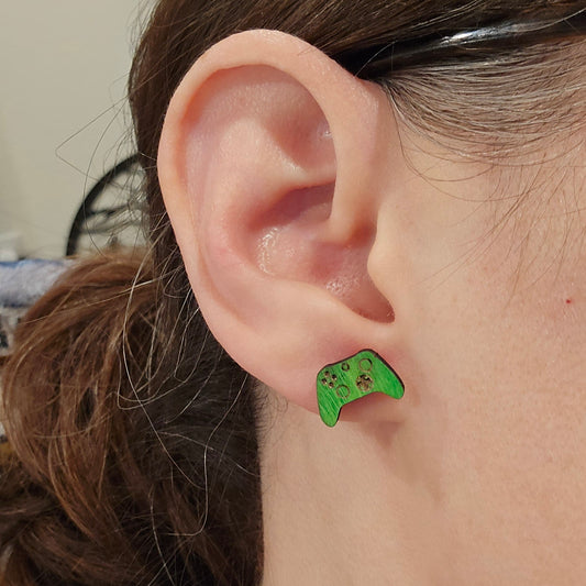 Green Xbox Inspired Controller Stud Earrings (painted wood)